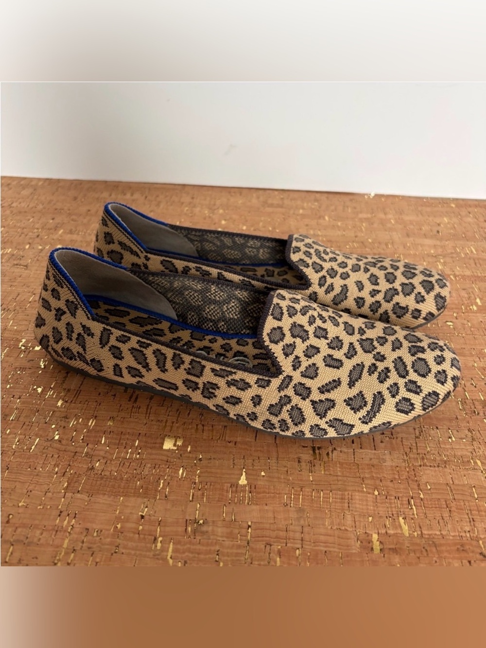 Rothy's Leopard-Print Slip-On Loafers in Tan and Black with Blue Trim